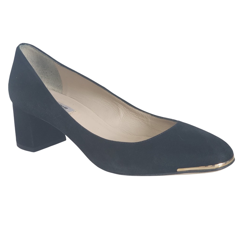 LK Bennett Clemence Dress Pump Black Suede Block Heel Gold Tip Classic Size 38
